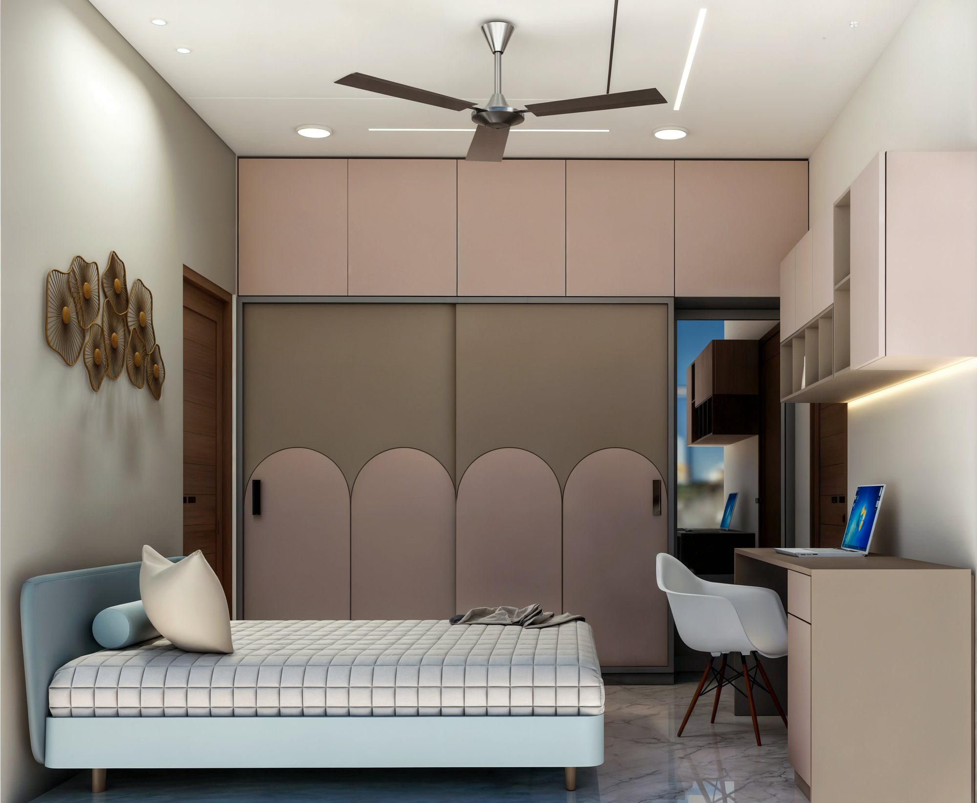 Bedroom with a blue headboard and study storage