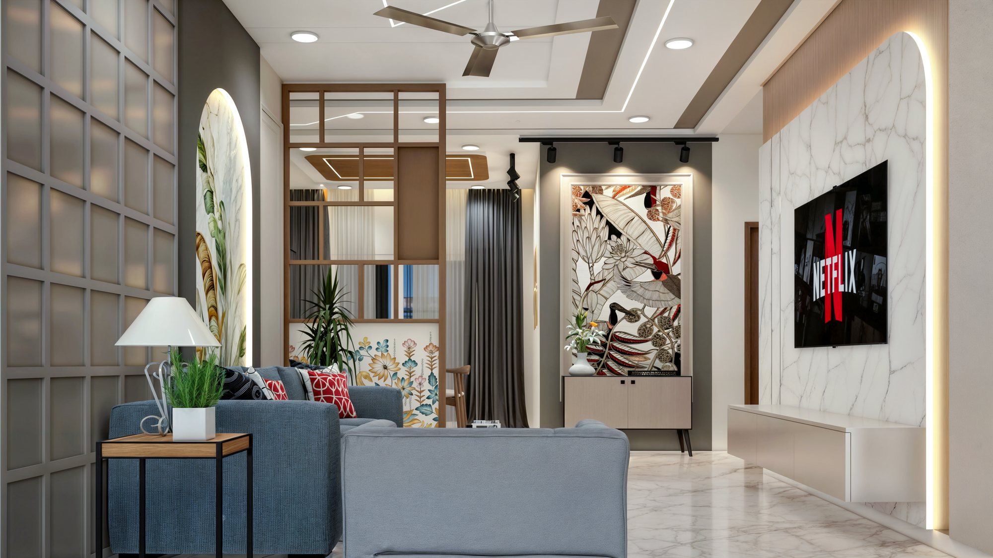 Living room with blue sofa and warm timber details
