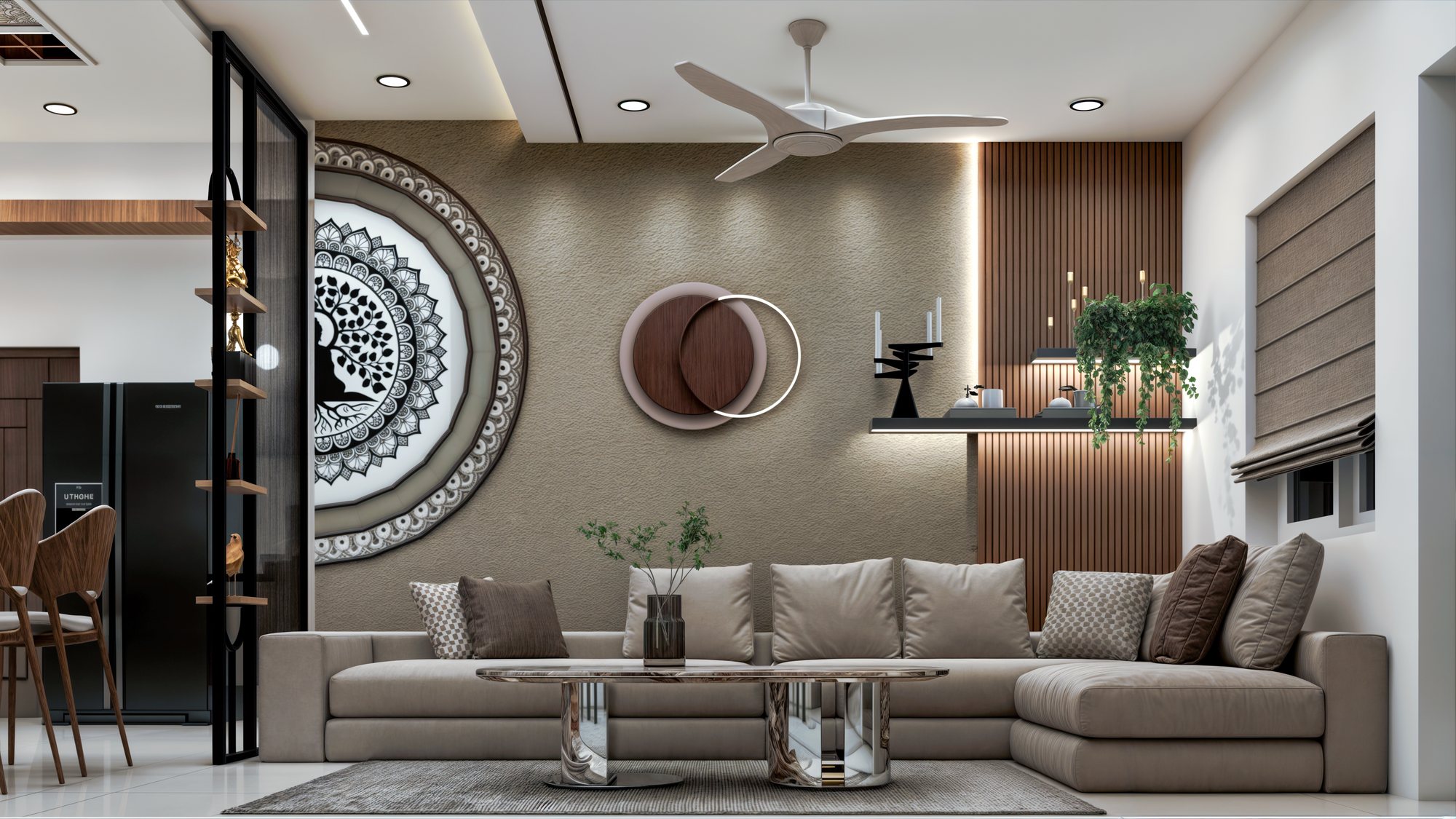 Living room with sculptural wall art and a neutral sofa