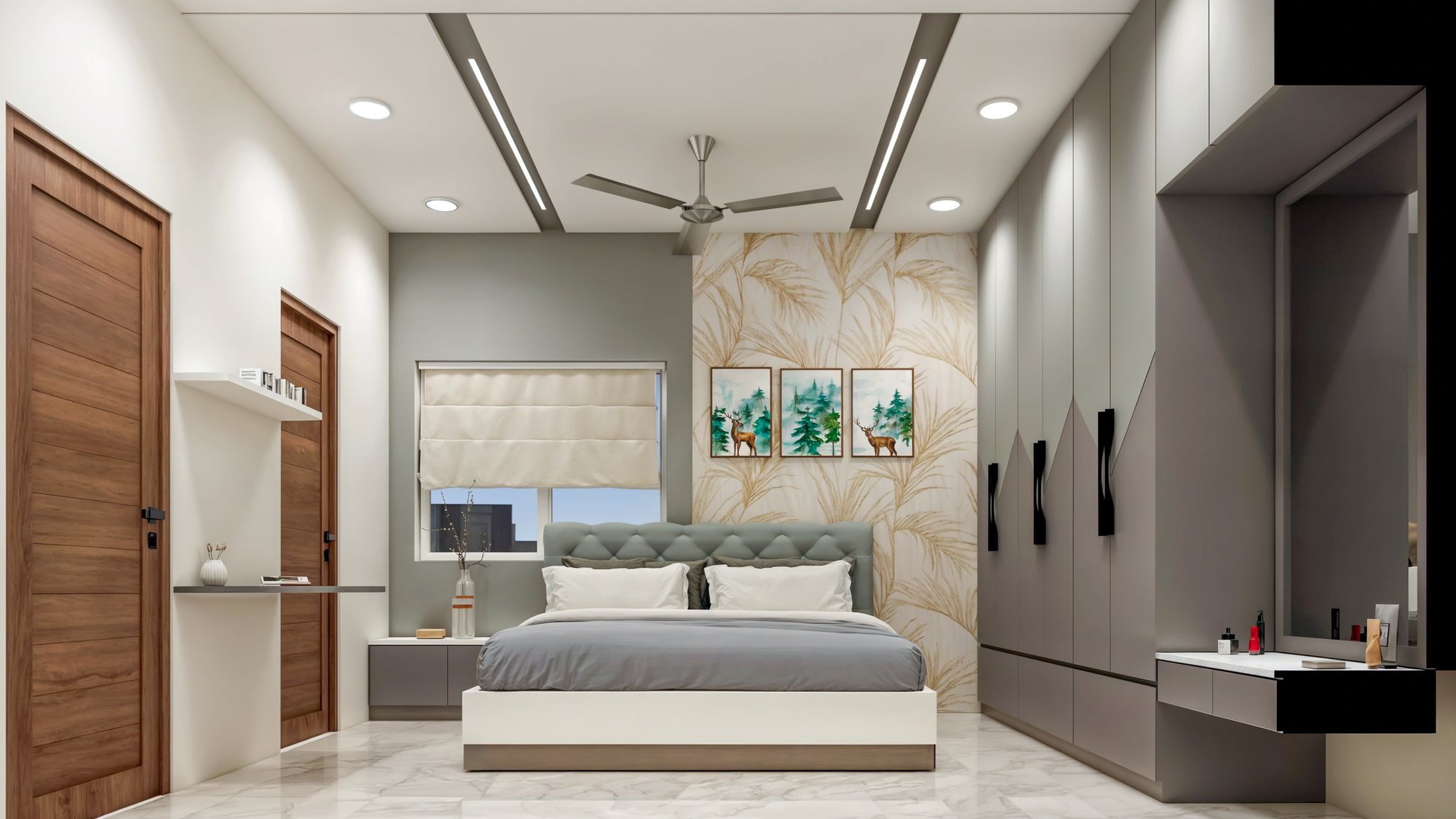 Master bedroom with upholstered bed and timber backdrop